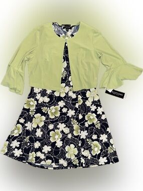 Perceptions Navy Floral Dress with Lime Green Shrug